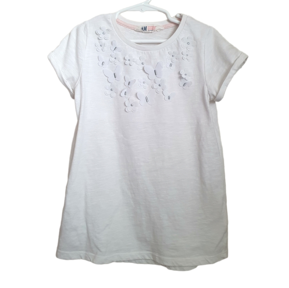 H&M Girl's Butterflies-Flowers White Cotton T-Shirt. Sz 8-10.